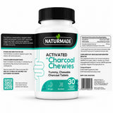 Naturmade Activated Charcoal Chewies 30 chewable tablets bottle showing label for de-gas and de-bloat support
