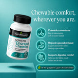 Product infographic highlighting chewable convenience, de-gas, and de-bloat features for Naturmade Charcoal Chewies.
