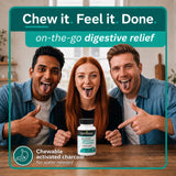 Three people smiling with dark tongues around a Naturmade Charcoal Chewies bottle to show chewable format.
