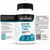 Naturmade Activated CharcoTabs 120 tablets bottle showing full label with gas absorption and digestive health info
