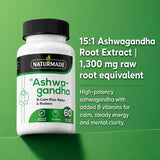 Naturmade Ashwagandha showing 15 to 1 root extract equivalent to 1300mg raw ashwagandha root.