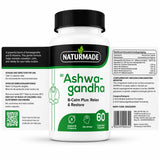 Naturmade Ashwagandha B-Calm Plus 60 capsules bottle with label highlighting de-stress and relaxation benefits
