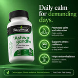 Infographic highlighting daily calm, relaxation, and balance benefits of Naturmade Ashwagandha B-Calm Plus.