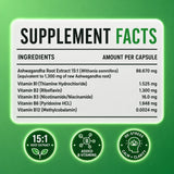 Supplement facts label for Naturmade Ashwagandha B-Calm Plus listing ingredients and B-vitamin values per capsule.