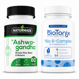 Naturmade Ashwagandha B-Calm Plus and BioTonix Bio B-Complex calm and focus bundle supplement bottles side by side
