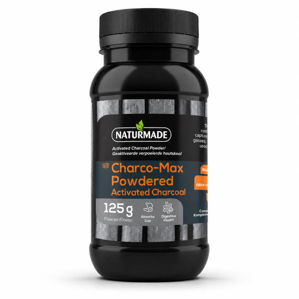 Naturmade Charco-Max Powdered Activated Charcoal 125g tub front view.