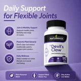 Product infographic outlining joint mobility support, plant extract benefits, and daily wellness features for Naturmade Devil's Claw.
