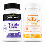 Naturmade Devil's Claw and BioTonix Bio Omega-3 joint and mobility bundle supplement bottles side by side
