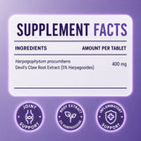 Supplement facts label for Naturmade Devil's Claw showing 400mg Harpagophytum procumbens root extract per tablet with 5% harpagosides.
