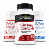 Naturmade Ginseng Complex with BioTonix BioFerrous Iron and Bio B-Complex iron and energy bundle supplement bottles
