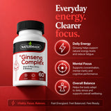 Naturmade Ginseng Complex capsule bottle displayed with daily energy, focus, and overall balance features.
