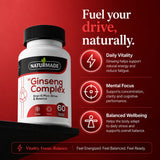 Naturmade Ginseng Complex product view featuring daily vitality, mental focus, and balanced wellbeing benefits.
