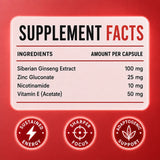 Supplement facts label for Naturmade Ginseng Complex showing 100mg Siberian Ginseng Extract, Zinc, Nicotinamide, and Vitamin E per capsule.

