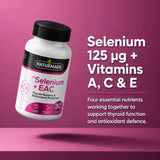 Floating Naturmade Selenium + EAC bottle highlighting 125mcg selenium with vitamins A, C, and E.
