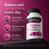 Product infographic for Naturmade Selenium + EAC detailing thyroid support, antioxidant protection, and daily wellness.
