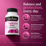 Naturmade Selenium plus EAC capsule bottle displayed on a pink platform with health benefit icons
