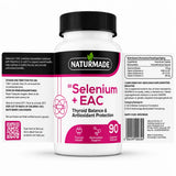 Naturmade Selenium + EAC 90 capsules bottle showing label with thyroid health and antioxidant support facts
