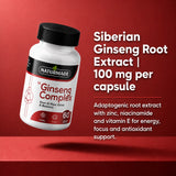 Floating bottle of Naturmade Ginseng Complex detailing 100mg adaptogenic Siberian Ginseng root extract benefits.
