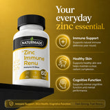 Naturmade Zinc Immune Renu supplement bottle showing benefits for immune support, skin health, and cognitive function
