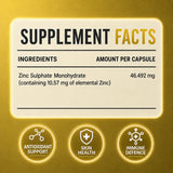 Naturmade Zinc Immune Renu supplement facts panel detailing zinc sulphate monohydrate and elemental zinc content

